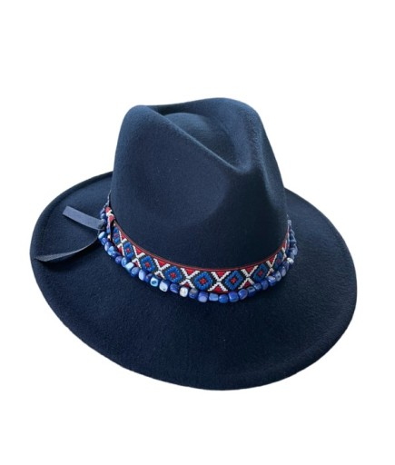 Verbier Boncuk ve Desenli Bantlı Lacivert  Yün Şapka